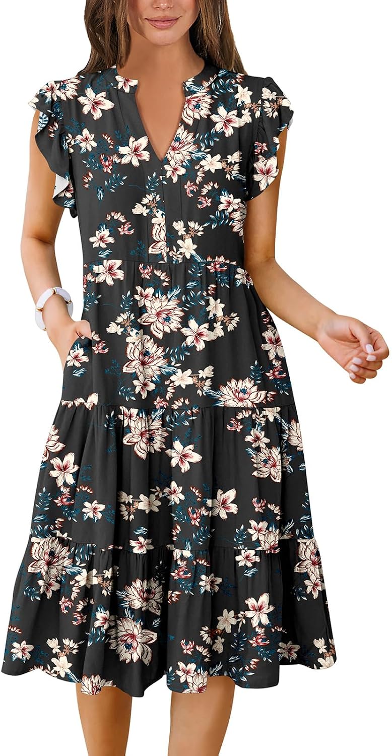 ANRABESS Womens Summer Dress Ruffle Sleeve V Neck Midi Dresses | Flowy Tiered Boho Beach Sundress, Casual Fit Knee Length, Fashion Vacation Work Outfits 2026