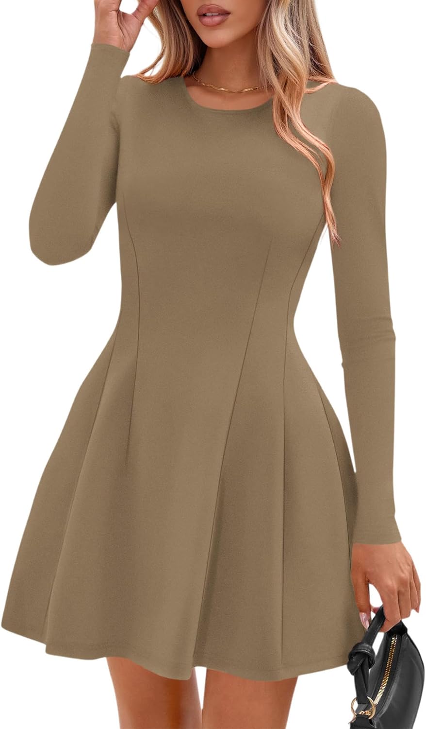 PRETTYGARDEN Womens Long Sleeve Pleated Mini Dress | Soft Knit Fabric, A Line Babydoll Fit, Crewneck Short Dresses, Casual Party Date Night Outfits, Fall Winter Trendy Clothes