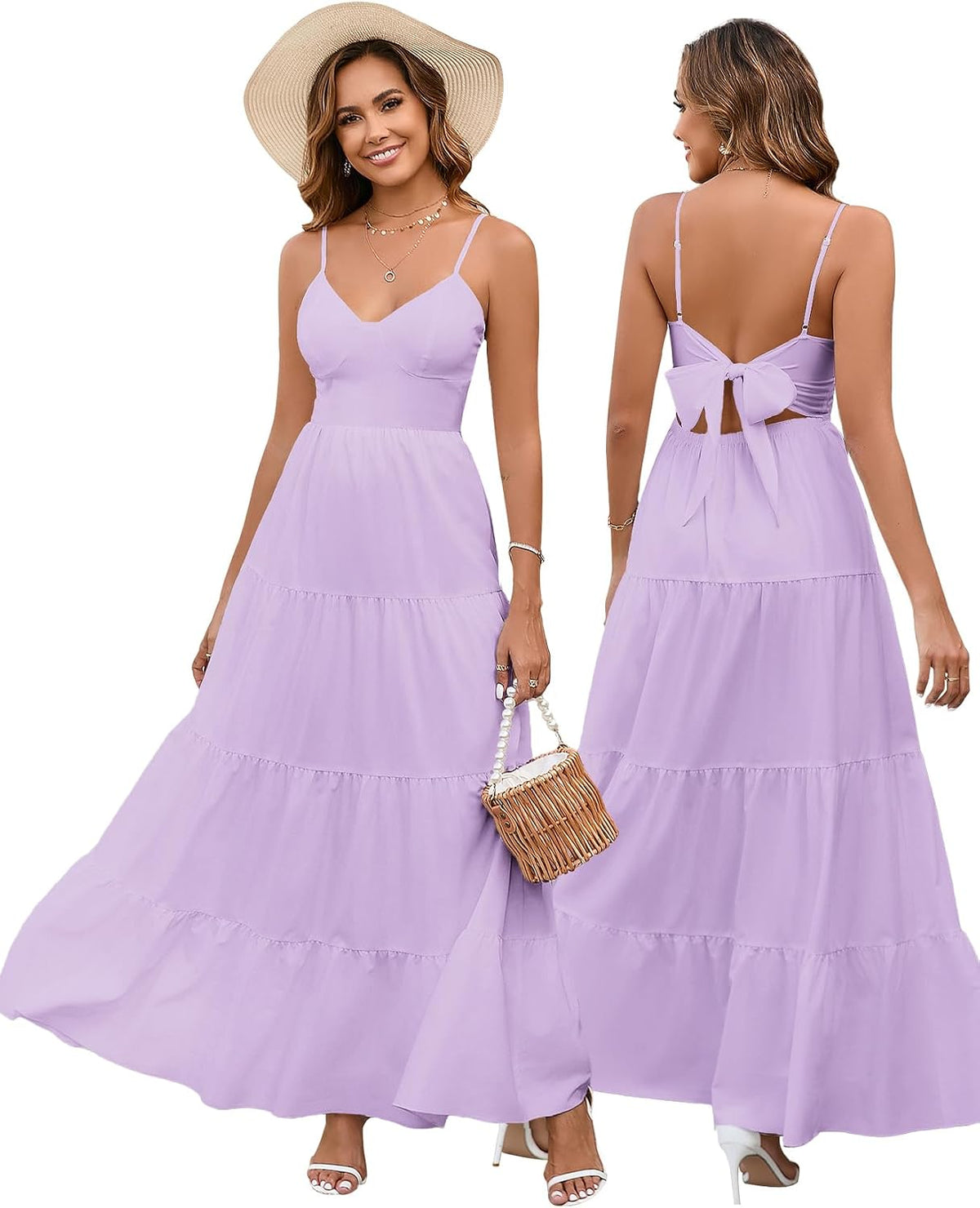 HTZMO Women Summer Floral Maxi Sundress Boho Beach Long Dress | Wedding Guest Bridal baby Shower Vacation Party Dresses 2026, Bow Tie A Line Flowy V Neck Spaghetti Strap