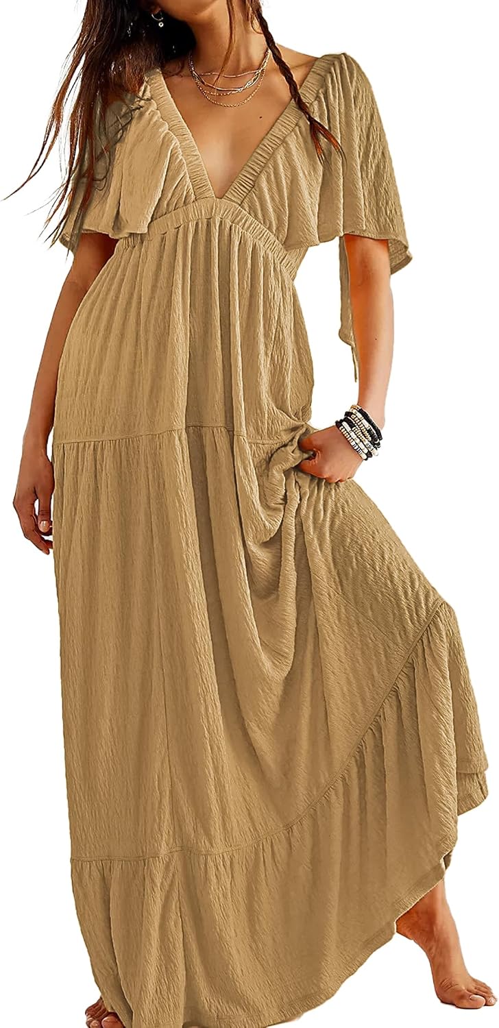 Kikibell Women Summer Dresses Sexy V-Neck Maxi Dress Tiered Silhouette with Flutter Sleeve Backless Elastic Waist Flowy Dress