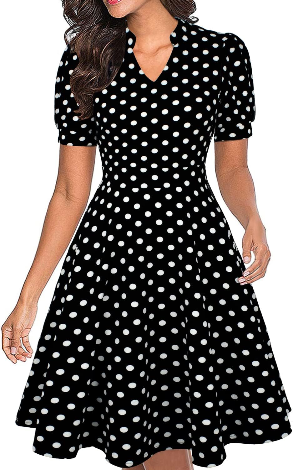 Mokayee Womens Summer Short Puff Sleeve Casual Semi-Formal Fit and Flare Church Wedding Guest Work Dresses with Pockets