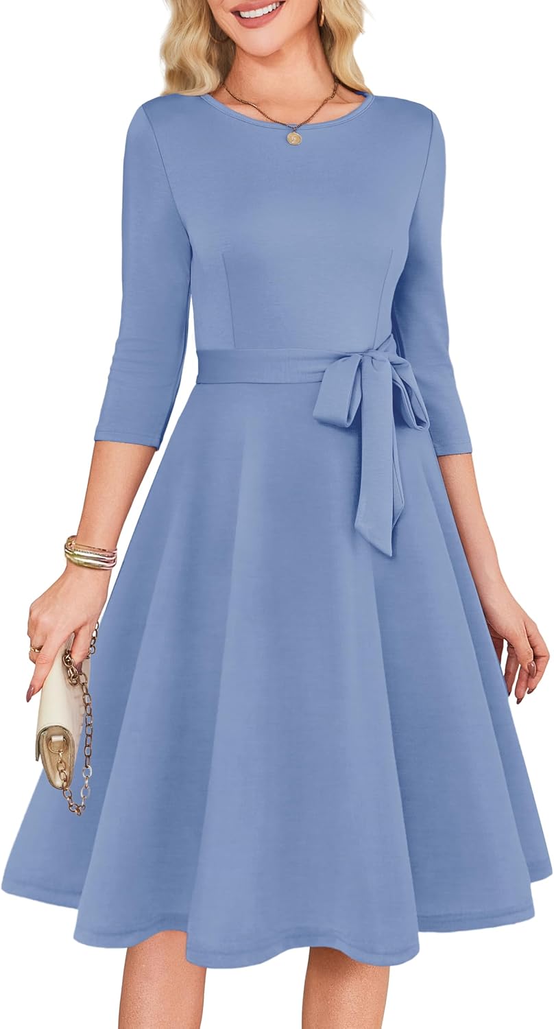 RUMIA Womens Cocktail Dresses 3\/4 Sleeve Dress with Belt (XS-3XL) | Wrinkle-resistant & Tummy-flattering Vintage Fit. Ideal for Wedding Guest, Church, Work, Vacation & Holiday events.