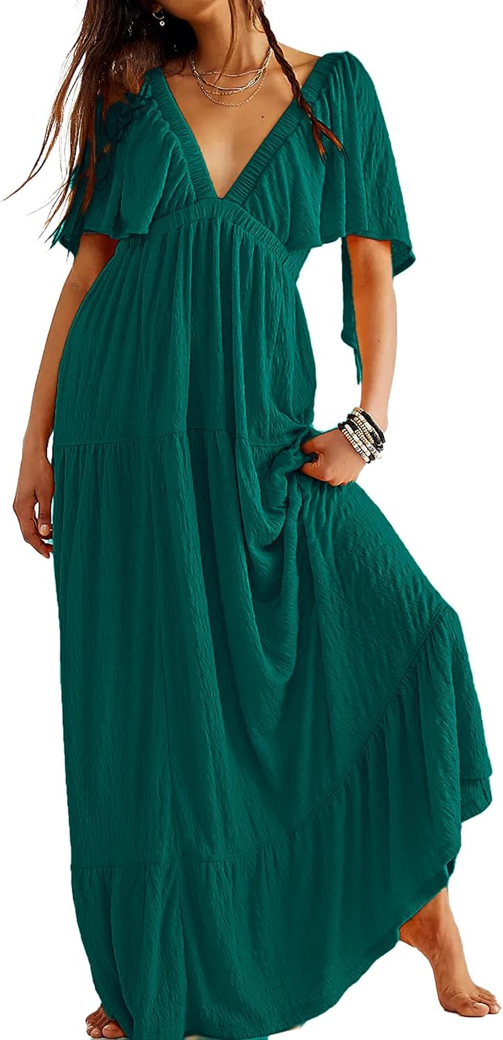 Kikibell Women Summer Dresses Sexy V-Neck Maxi Dress Tiered Silhouette with Flutter Sleeve Backless Elastic Waist Flowy Dress