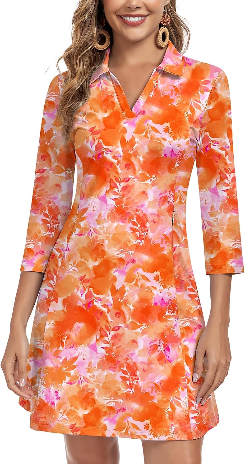 WOWENY 3\/4 Sleeve Dress for Women with Pockets V Neck UPF 50+ Casual Sun Dress Breathable Quick Dry Beach Vacation
