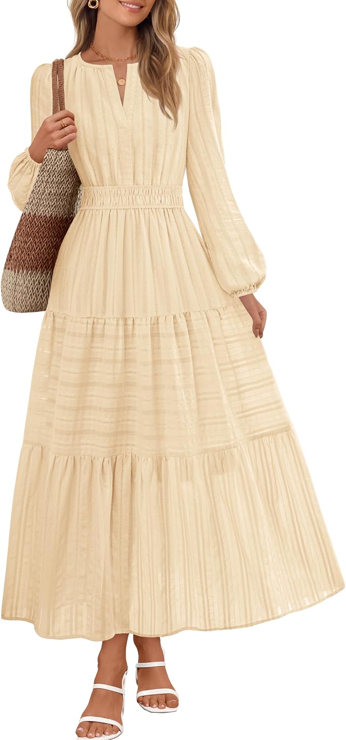 MEROKEETY Womens Fall Puff Long Sleeve Casual V Neck Modest Midi Maxi Dress | 2026, Cotton, with Pockets, Eyelets, Shirred Waist, Tiered, Lined, Winter, Boho, Relaxed Fit, Church, Elegant, Bridal Shower