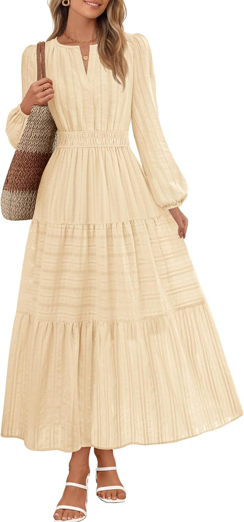Eyelet V-Neck Long-Sleeve Tiered Midi Dress in Beige