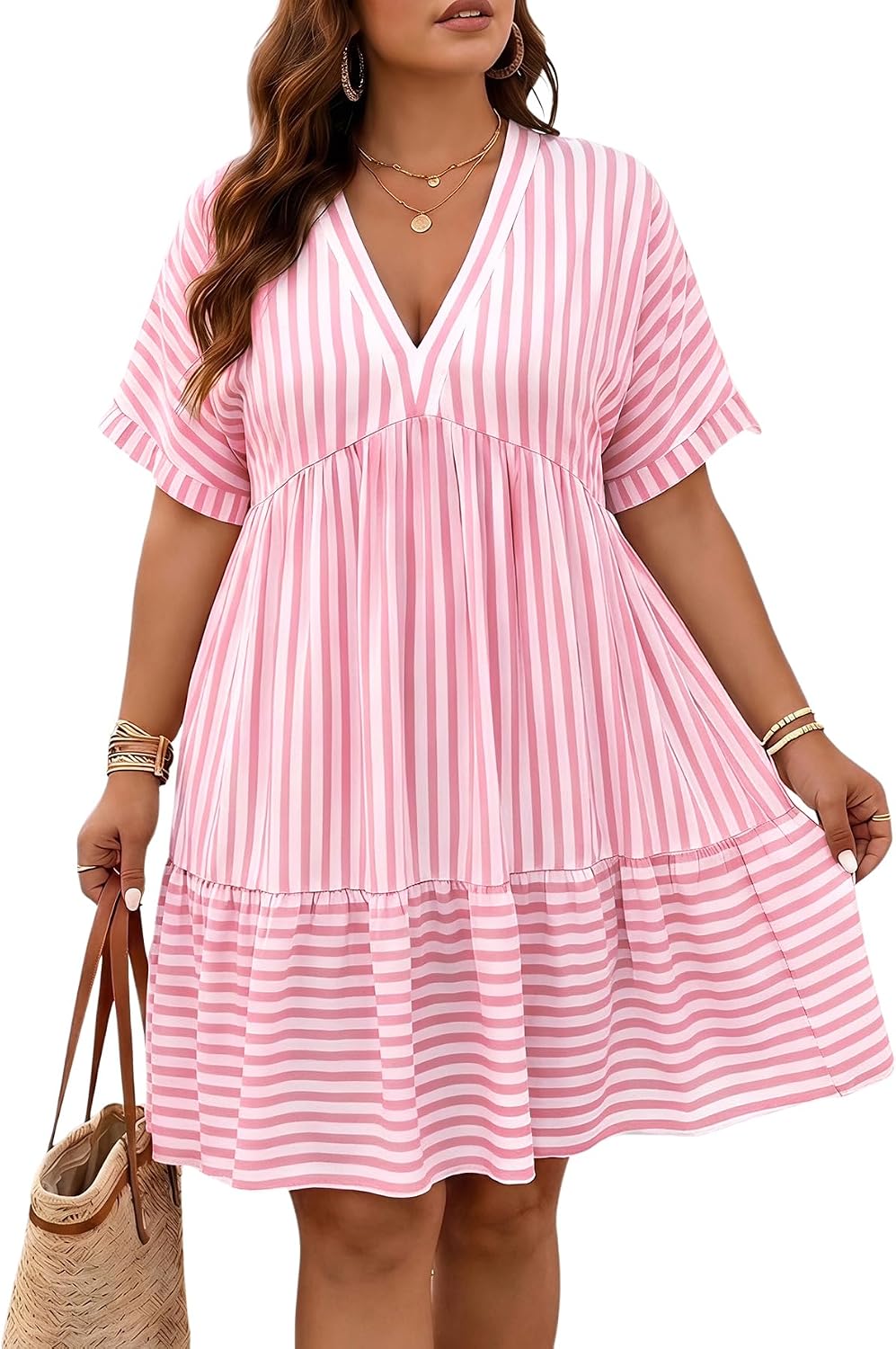 SOLY HUX Women's Plus Size Summer Striped Half Sleeve Ruffle Babydoll Dress | Deep V Neck, Flowy, Vacation, Beach Dress
