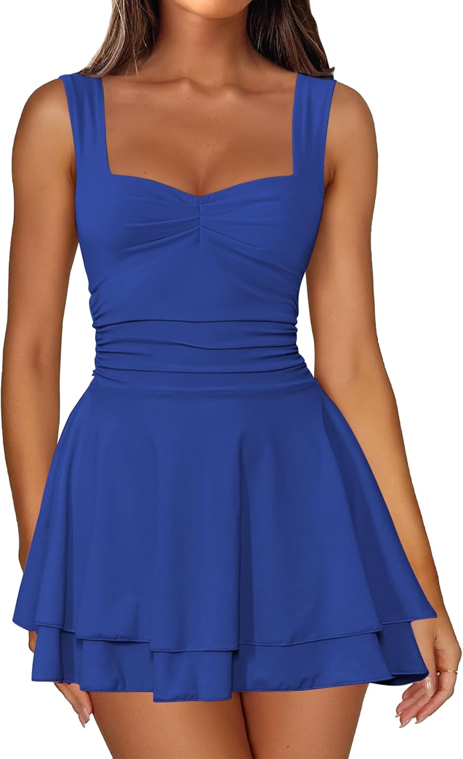 IWD Women's Square Neck Sleeveless Mini Dress Corset A Line Short Dresses | Ruched Waist Flowy Tiered Ruffle Hem Party Dresses