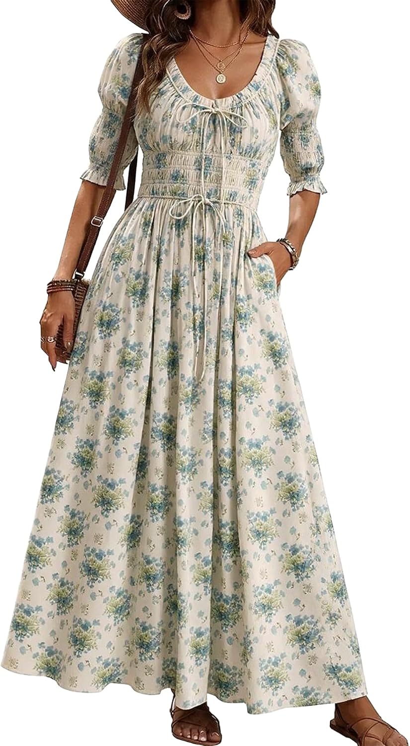 LEYRASON Women's Boho Floral Puff Sleeve Maxi Dress with Pockets | Scoop Neck Short Sleeve, A Line, Smocked Tie Long Flowy Dresses, Beach Vacation, Wedding Guest, Spring Summer Fall Outfits