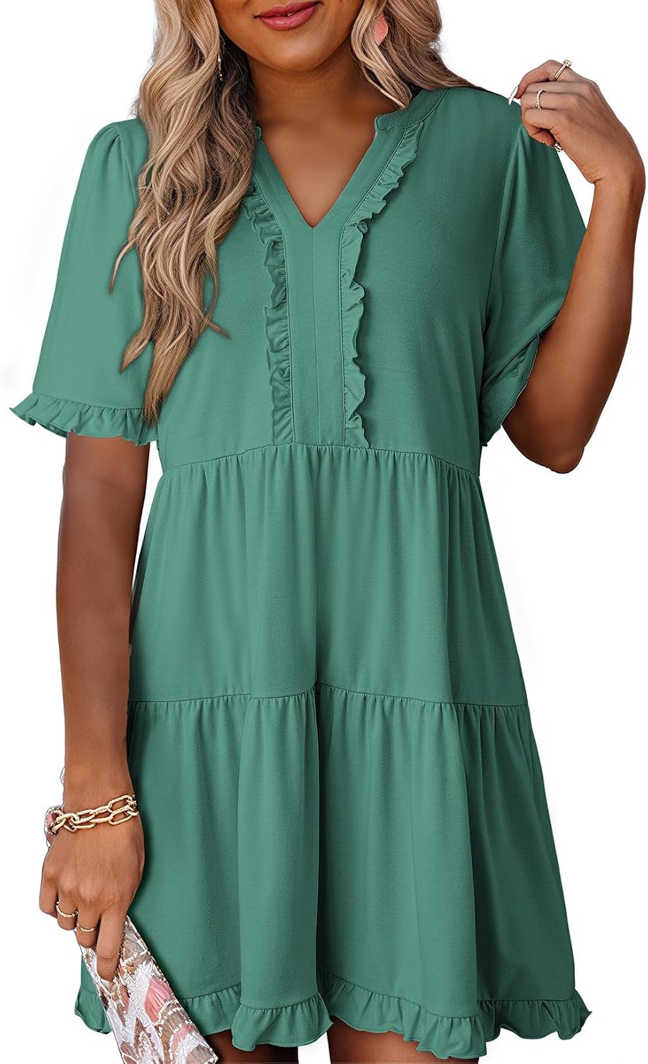 Dokotoo Womens A Line Babydoll Casual Summer Dresses with Pockets | Short Sleeve, V Neck, Hide Tummy, Cute Flowy Western Dress, Mini Short Casual Dress for Graduation Party Date Night Teacher