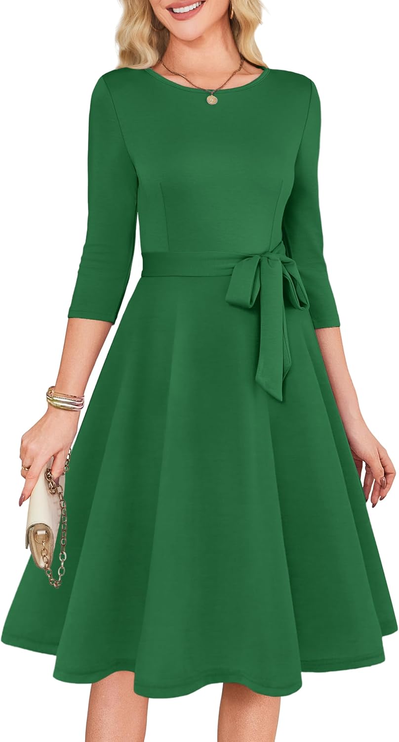 RUMIA Womens Cocktail Dresses 3\/4 Sleeve Dress with Belt (XS-3XL) | Wrinkle-resistant & Tummy-flattering Vintage Fit. Ideal for Wedding Guest, Church, Work, Vacation & Holiday events.