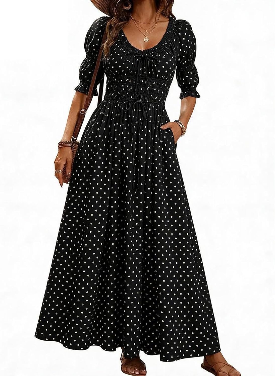 LEYRASON Women's Boho Floral Puff Sleeve Maxi Dress with Pockets | Scoop Neck Short Sleeve, A Line, Smocked Tie Long Flowy Dresses, Beach Vacation, Wedding Guest, Spring Summer Fall Outfits