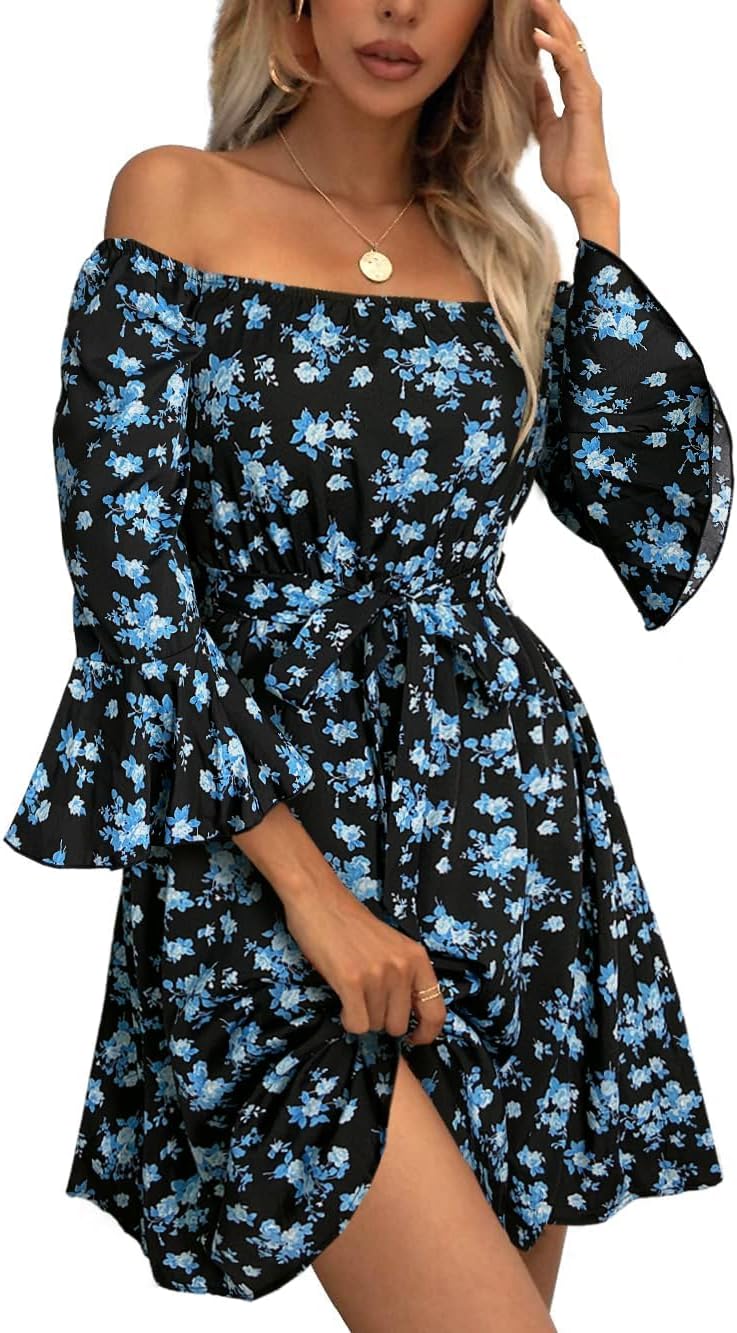 JECEIKA Fall Dress for Women, Off Shoulder Spring Dress for Wedding Guest | Ruffle Long Sleeves Fitted Bust Midi Dress,with Belt,for Mother's Day,Thanksgiving,Wedding Guest,Graduation,Valentine's Day