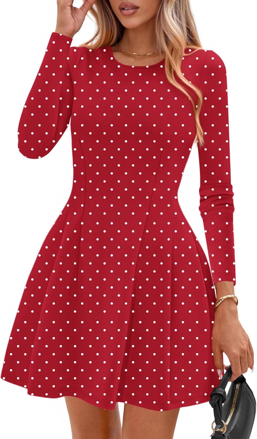 PRETTYGARDEN Womens Long Sleeve Pleated Mini Dress | Soft Knit Fabric, A Line Babydoll Fit, Crewneck Short Dresses, Casual Party Date Night Outfits, Fall Winter Trendy Clothes