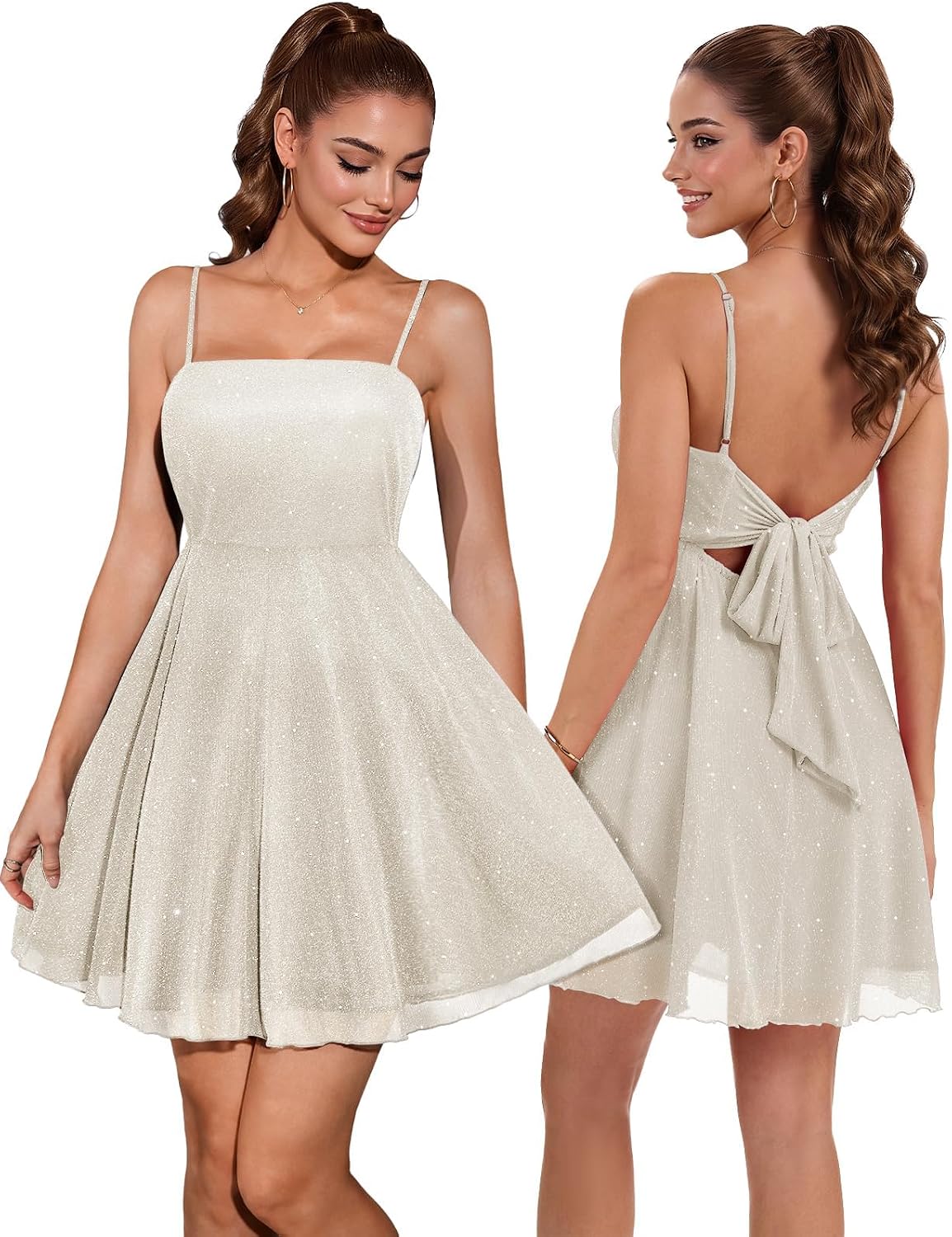 DRESSTELLS Sparkly Short Homecoming Dress, Bow Tie Back for Cocktail Party | 3-layer Puffy Aline, Fit Flare for Teens, Adjustable Straps, Semi formal for Women