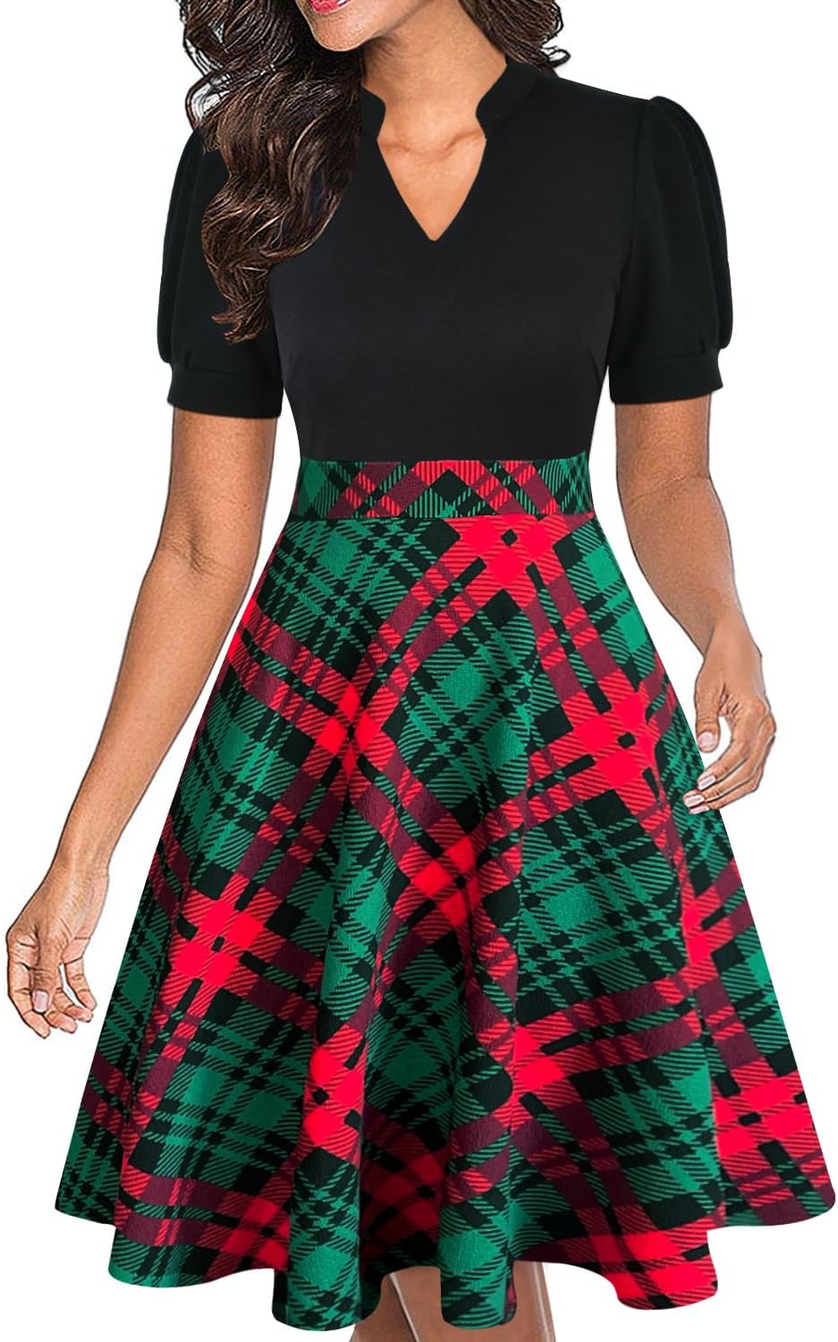 Mokayee Womens Summer Short Puff Sleeve Casual Semi-Formal Fit and Flare Church Wedding Guest Work Dresses with Pockets