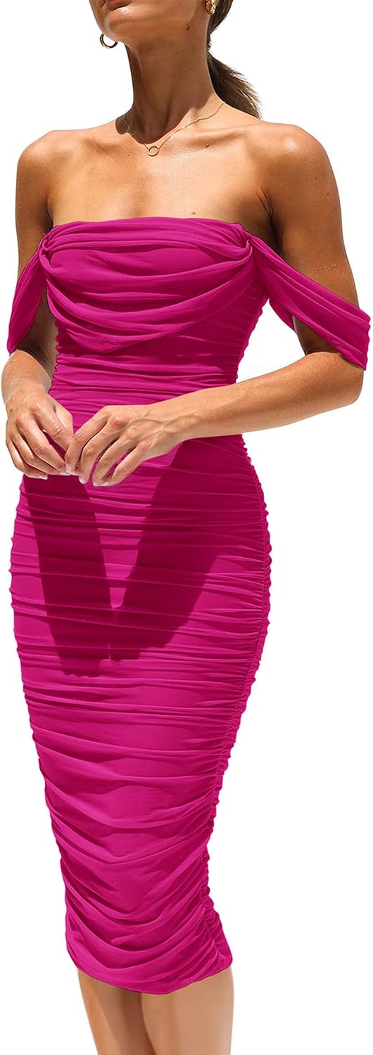 PRETTYGARDEN Women's Off Shoulder Bodycon Tube Midi Dress | Stretchy Ruched Mesh, Draped Sleeves, Elegant Dinner Party Dresses, Spring Summer Outfits for Wedding, Homecoming, Date Night