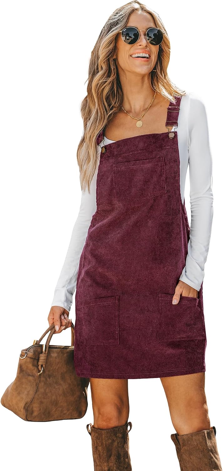 CUPSHE Women Corduroy Square Neck Wide Strap Fall Overall Mini Dress | Velvety Ribbed Texture, Front Bib Pocket, Utility Patch Pouches, High-Looped Buckle Fasteners, Casual Warm Autumn Outfits