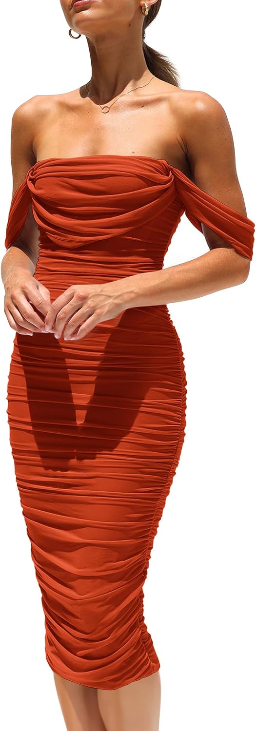 PRETTYGARDEN Women's Off Shoulder Bodycon Tube Midi Dress | Stretchy Ruched Mesh, Draped Sleeves, Elegant Dinner Party Dresses, Spring Summer Outfits for Wedding, Homecoming, Date Night