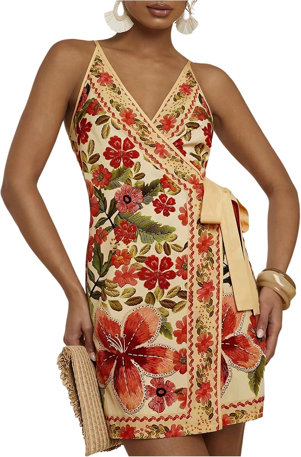 RoseSeek Women's Tropical Print Wrap Dress Sleeveless Vacation Dresses | Short Summer Dresses, Beach Vacation Outfits, Tropical Print Cami Dress, V Neck Dress