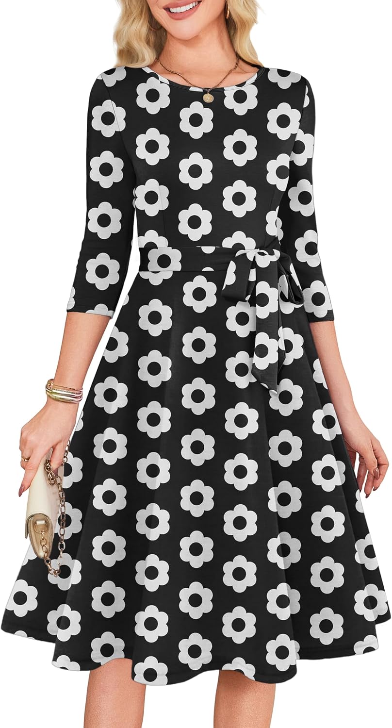 RUMIA Womens Cocktail Dresses 3\/4 Sleeve Dress with Belt (XS-3XL) | Wrinkle-resistant & Tummy-flattering Vintage Fit. Ideal for Wedding Guest, Church, Work, Vacation & Holiday events.