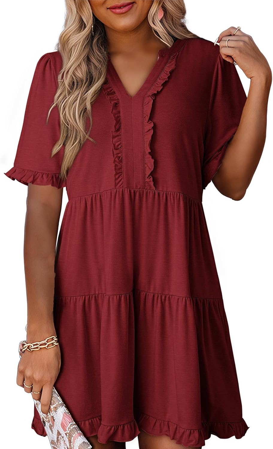 Dokotoo Womens A Line Babydoll Casual Summer Dresses with Pockets | Short Sleeve, V Neck, Hide Tummy, Cute Flowy Western Dress, Mini Short Casual Dress for Graduation Party Date Night Teacher