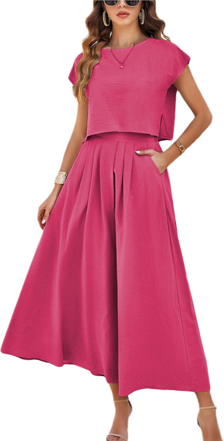 HangNiFang Summer Skirt Sets Women 2 Piece Outfits Maxi Dress Sets Pocketed | Cap Sleeve Side Split Tops, Elastic Waist Maxi Dress, Two Piece Skirt Sets, Two Side Pockets, Flowy Skirt, Cool Fabric