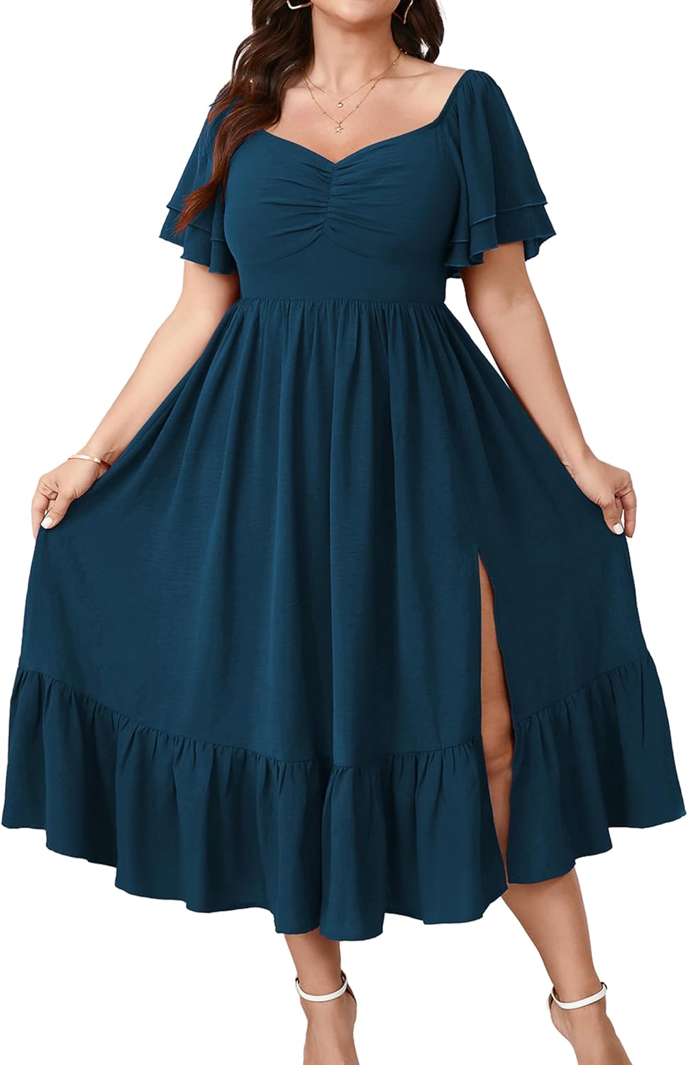 SCOMCHIC Womens Plus Size Wedding Guest Cocktail Dresses | Sweetheart Neckline, Short Sleeve, Smocked, Ruffle Slit, Party, Formal, Summer, Long, Maxi Dress
