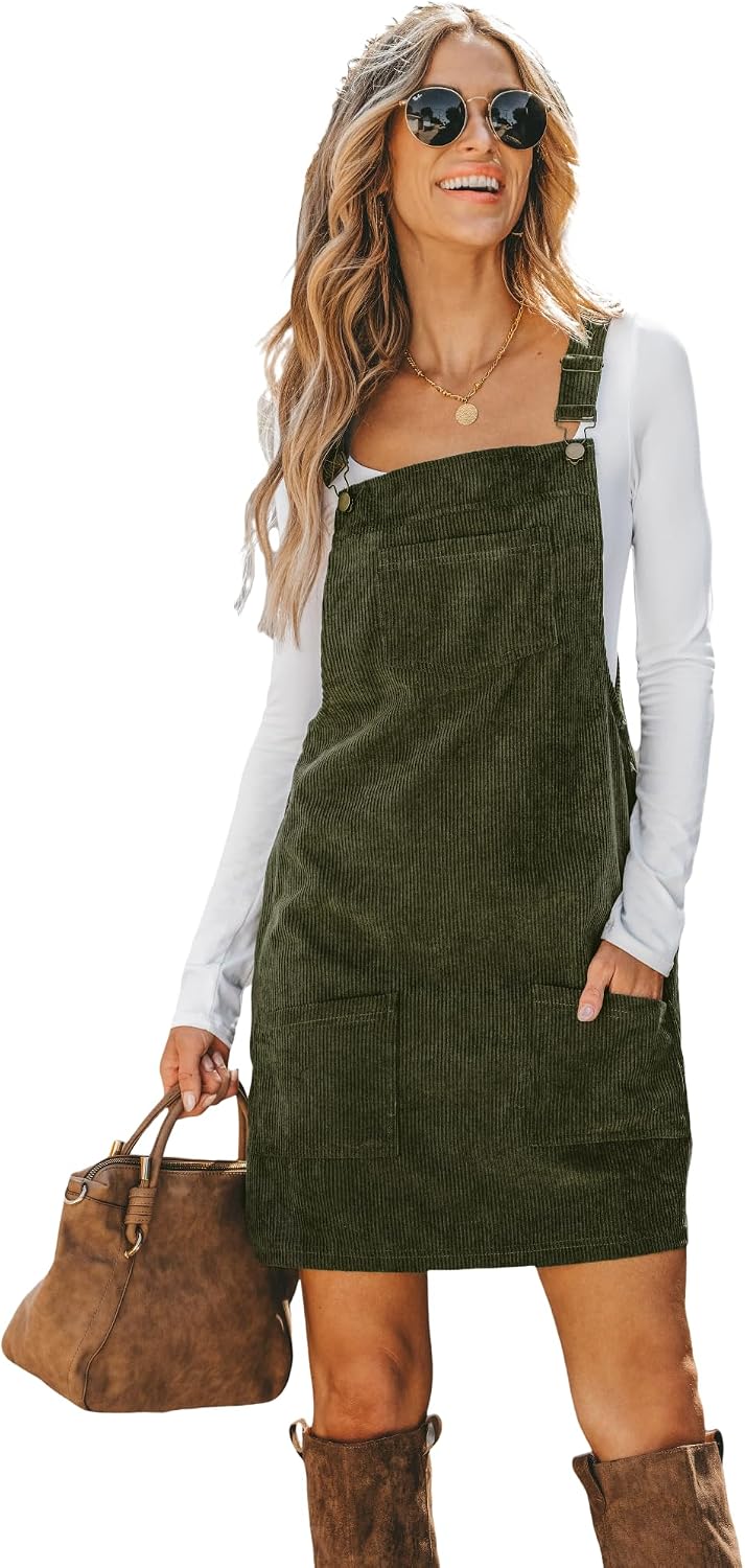 CUPSHE Women Corduroy Square Neck Wide Strap Fall Overall Mini Dress | Velvety Ribbed Texture, Front Bib Pocket, Utility Patch Pouches, High-Looped Buckle Fasteners, Casual Warm Autumn Outfits