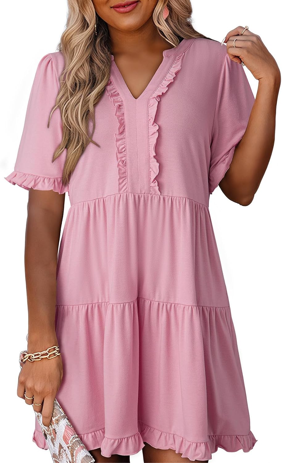 Dokotoo Womens A Line Babydoll Casual Summer Dresses with Pockets | Short Sleeve, V Neck, Hide Tummy, Cute Flowy Western Dress, Mini Short Casual Dress for Graduation Party Date Night Teacher