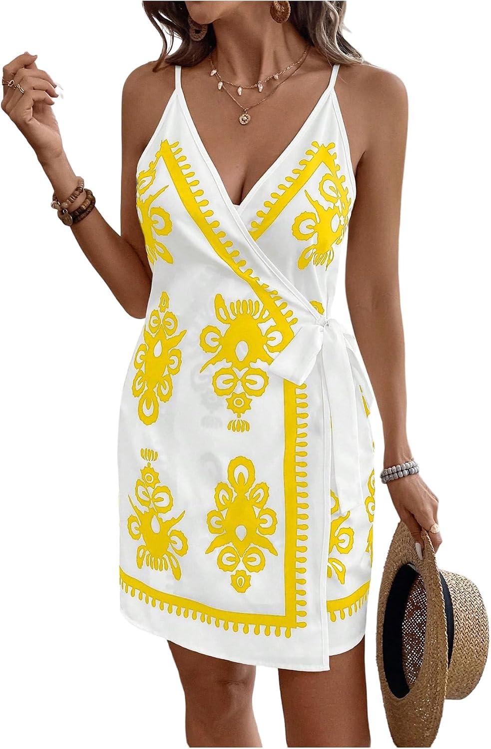 RoseSeek Women's Tropical Print Wrap Dress Sleeveless Vacation Dresses | Short Summer Dresses, Beach Vacation Outfits, Tropical Print Cami Dress, V Neck Dress