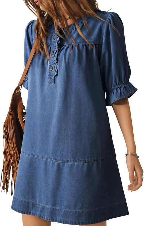 Dokotoo Women's Denim Dress Ruffle Short Sleeve Button Cowgirl Jean Dress | Crewneck,Flare Sleeve,Babydoll,Button Down,Loose Fit,A-Line,Tiered,Country Concert,Cowgirl,Western Outfit,Casual