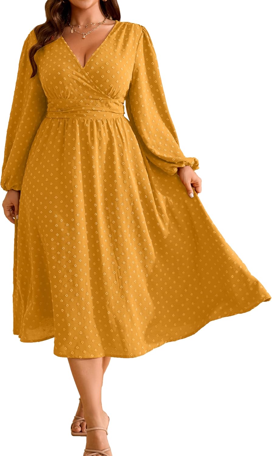 RWJ Women's Plus Size Fall Wedding Guest Dress V Neck Swiss Dot Long Sleeve | Semi Formal, Business Casual, Daily, Cocktail Party, Graduation, Homecoming, Evening, Date, Special Event, Funeral, Festive