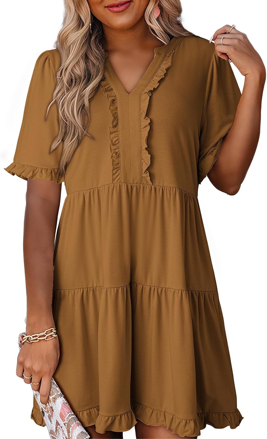 Dokotoo Womens A Line Babydoll Casual Summer Dresses with Pockets | Short Sleeve, V Neck, Hide Tummy, Cute Flowy Western Dress, Mini Short Casual Dress for Graduation Party Date Night Teacher