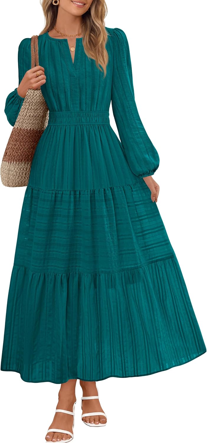 MEROKEETY Womens Fall Puff Long Sleeve Casual V Neck Modest Midi Maxi Dress | 2026, Cotton, with Pockets, Eyelets, Shirred Waist, Tiered, Lined, Winter, Boho, Relaxed Fit, Church, Elegant, Bridal Shower