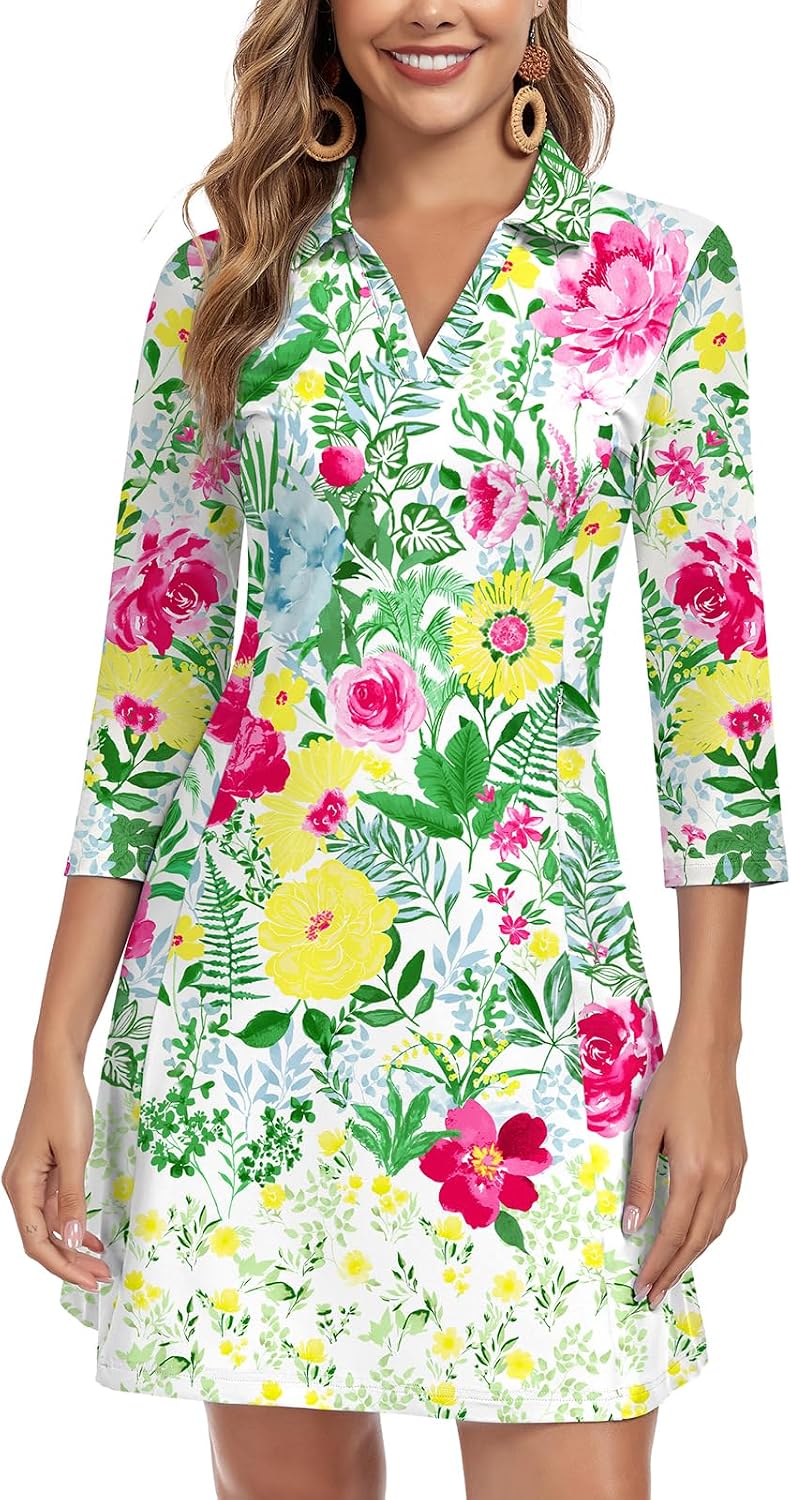 WOWENY 3\/4 Sleeve Dress for Women with Pockets V Neck UPF 50+ Casual Sun Dress Breathable Quick Dry Beach Vacation