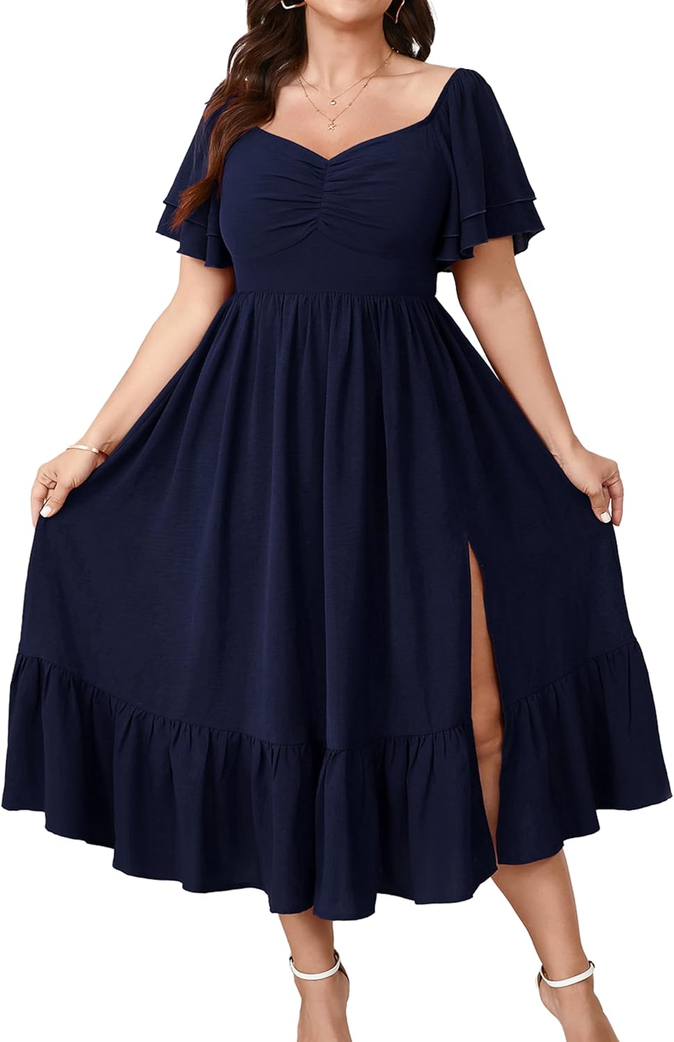 SCOMCHIC Womens Plus Size Wedding Guest Cocktail Dresses | Sweetheart Neckline, Short Sleeve, Smocked, Ruffle Slit, Party, Formal, Summer, Long, Maxi Dress