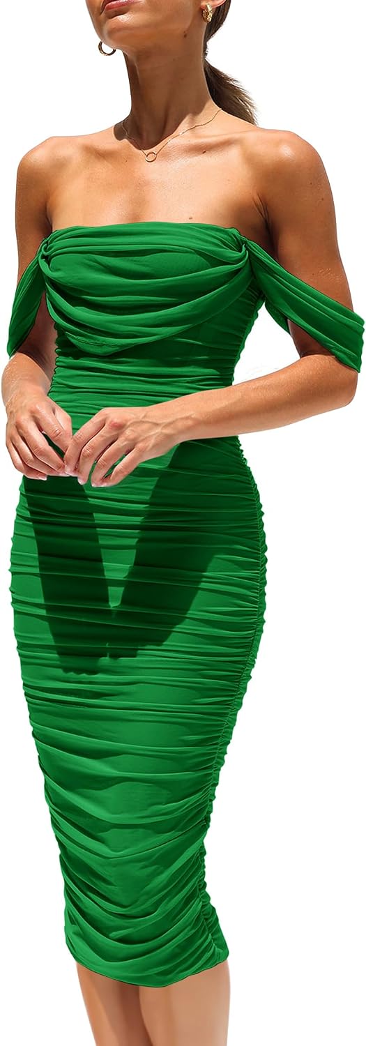 PRETTYGARDEN Women's Off Shoulder Bodycon Tube Midi Dress | Stretchy Ruched Mesh, Draped Sleeves, Elegant Dinner Party Dresses, Spring Summer Outfits for Wedding, Homecoming, Date Night