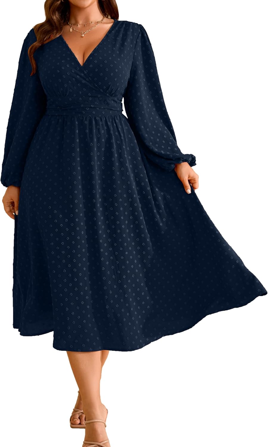 RWJ Women's Plus Size Fall Wedding Guest Dress V Neck Swiss Dot Long Sleeve | Semi Formal, Business Casual, Daily, Cocktail Party, Graduation, Homecoming, Evening, Date, Special Event, Funeral, Festive