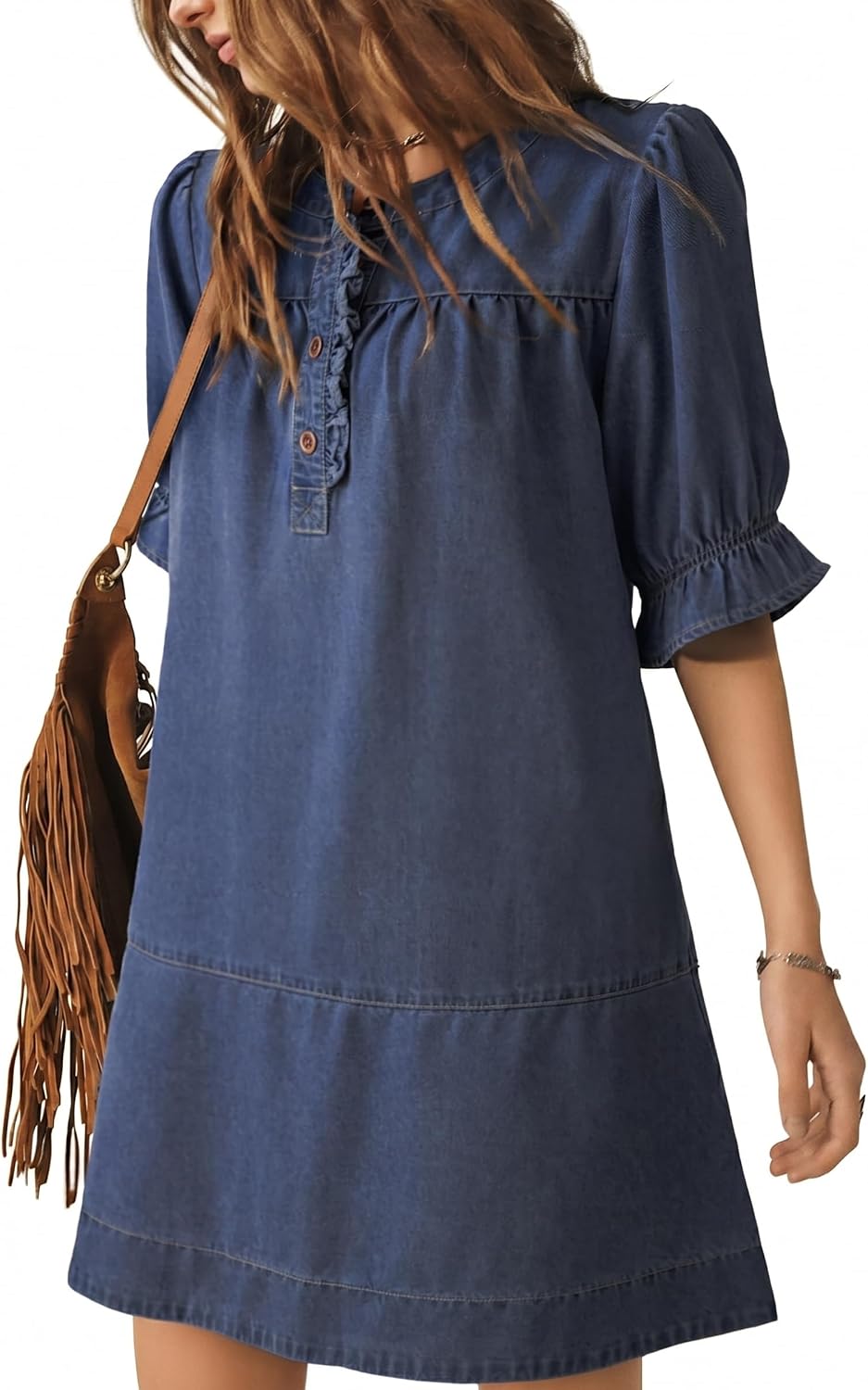 Dokotoo Women's Denim Dress Ruffle Short Sleeve Button Cowgirl Jean Dress | Crewneck,Flare Sleeve,Babydoll,Button Down,Loose Fit,A-Line,Tiered,Country Concert,Cowgirl,Western Outfit,Casual