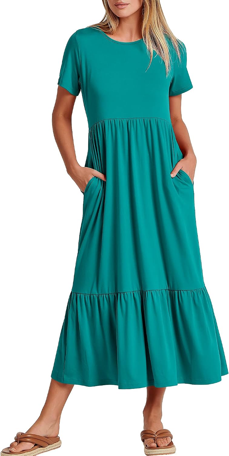 ANRABESS Womens 2026 Summer Casual Short Sleeve Maxi Dress with Pockets | A-Line Tiered Flowy Crewneck T Shirt Dresses，Comfy Modest Long Dress，Beach Travel Vacation Sundress，Work Teacher Outfits