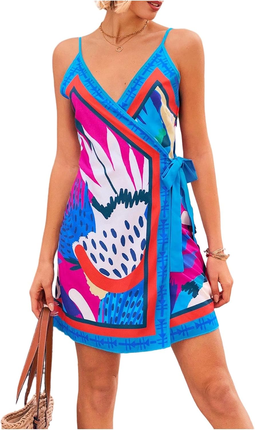RoseSeek Women's Tropical Print Wrap Dress Sleeveless Vacation Dresses | Short Summer Dresses, Beach Vacation Outfits, Tropical Print Cami Dress, V Neck Dress