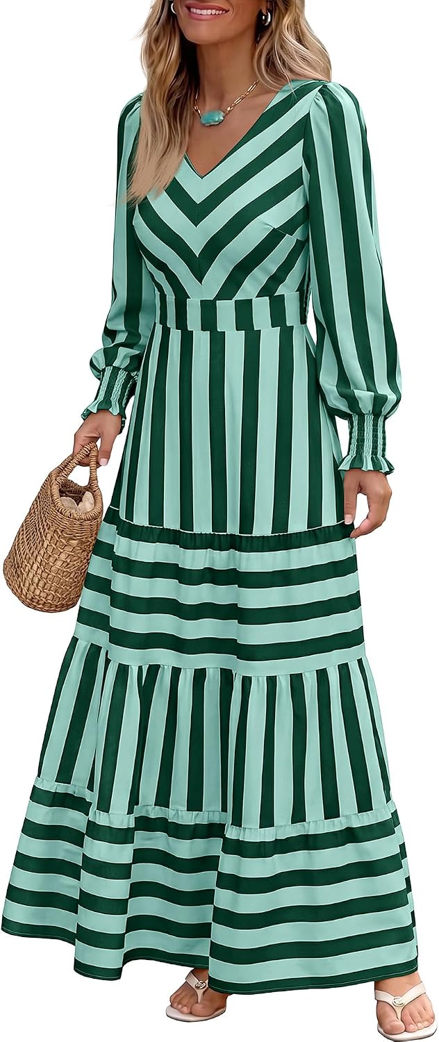 Caracilia Womens Long Sleeve Gingham Striped Flowy A-Line Fall Maxi Dress | Casual Smocked Church Dresses,Cuff Sleeve Pockets,Soft Lightweight V Neck Tiered, Boho Daily Wear,Travel Vacation Clothes