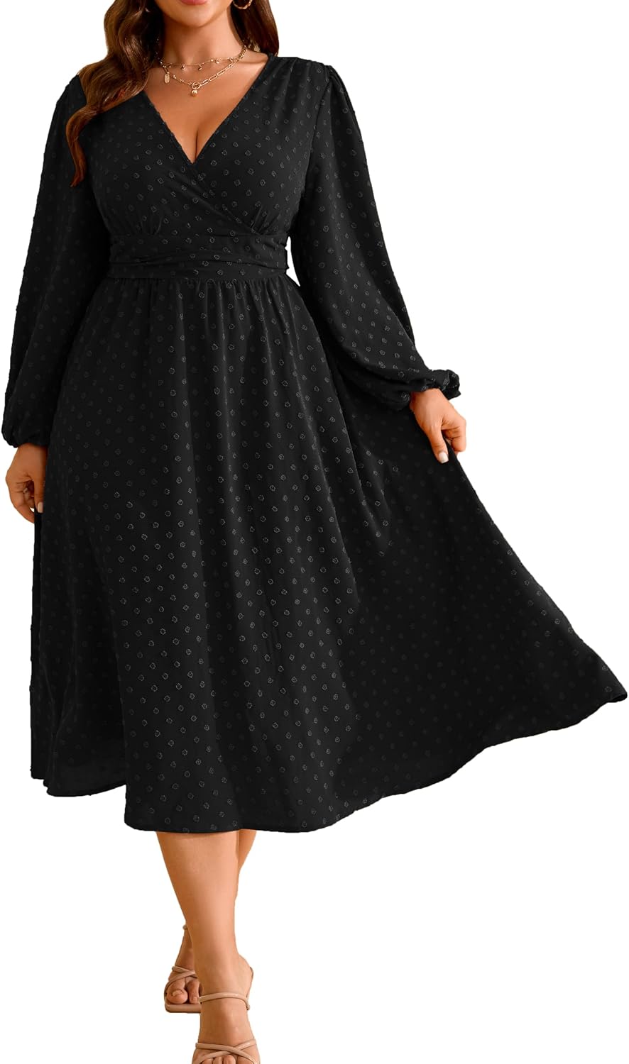 RWJ Women's Plus Size Fall Wedding Guest Dress V Neck Swiss Dot Long Sleeve | Semi Formal, Business Casual, Daily, Cocktail Party, Graduation, Homecoming, Evening, Date, Special Event, Funeral, Festive