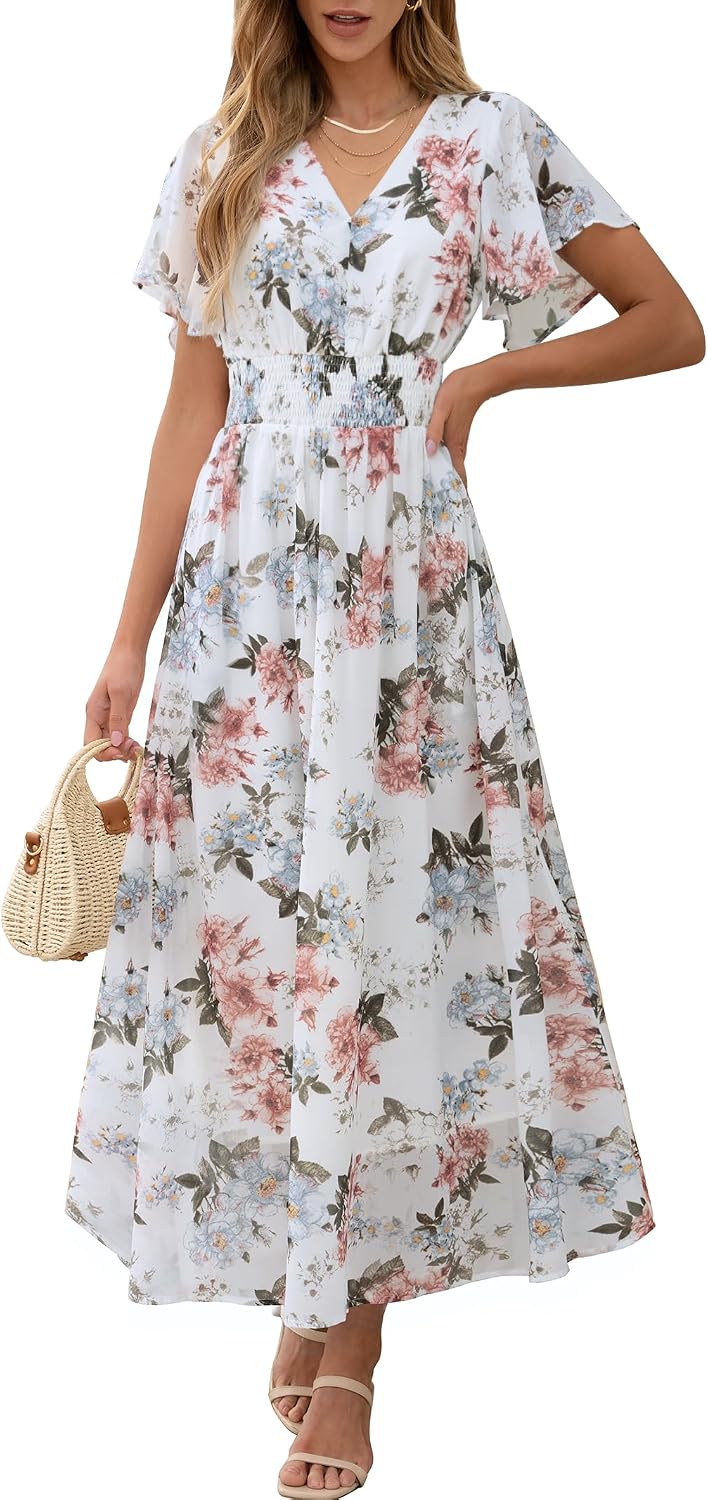 ANRABESS Womens Summer Floral Maxi Dress Casual V Neck Short Sleeve Chiffon Boho Flowy Beach 2026 Wedding Guest Long Dresses