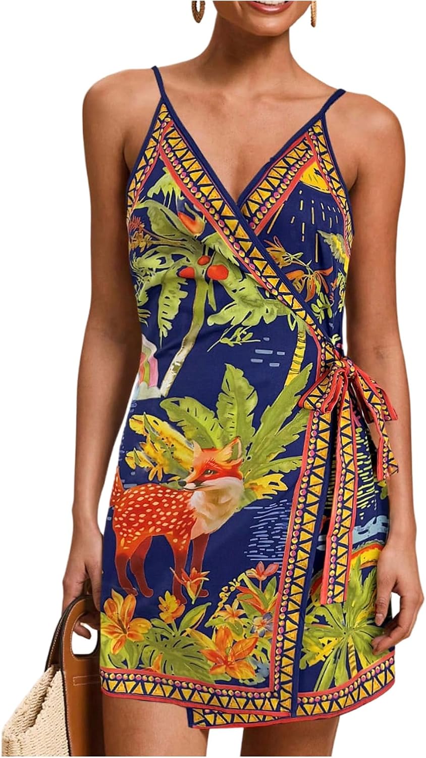 RoseSeek Women's Tropical Print Wrap Dress Sleeveless Vacation Dresses | Short Summer Dresses, Beach Vacation Outfits, Tropical Print Cami Dress, V Neck Dress
