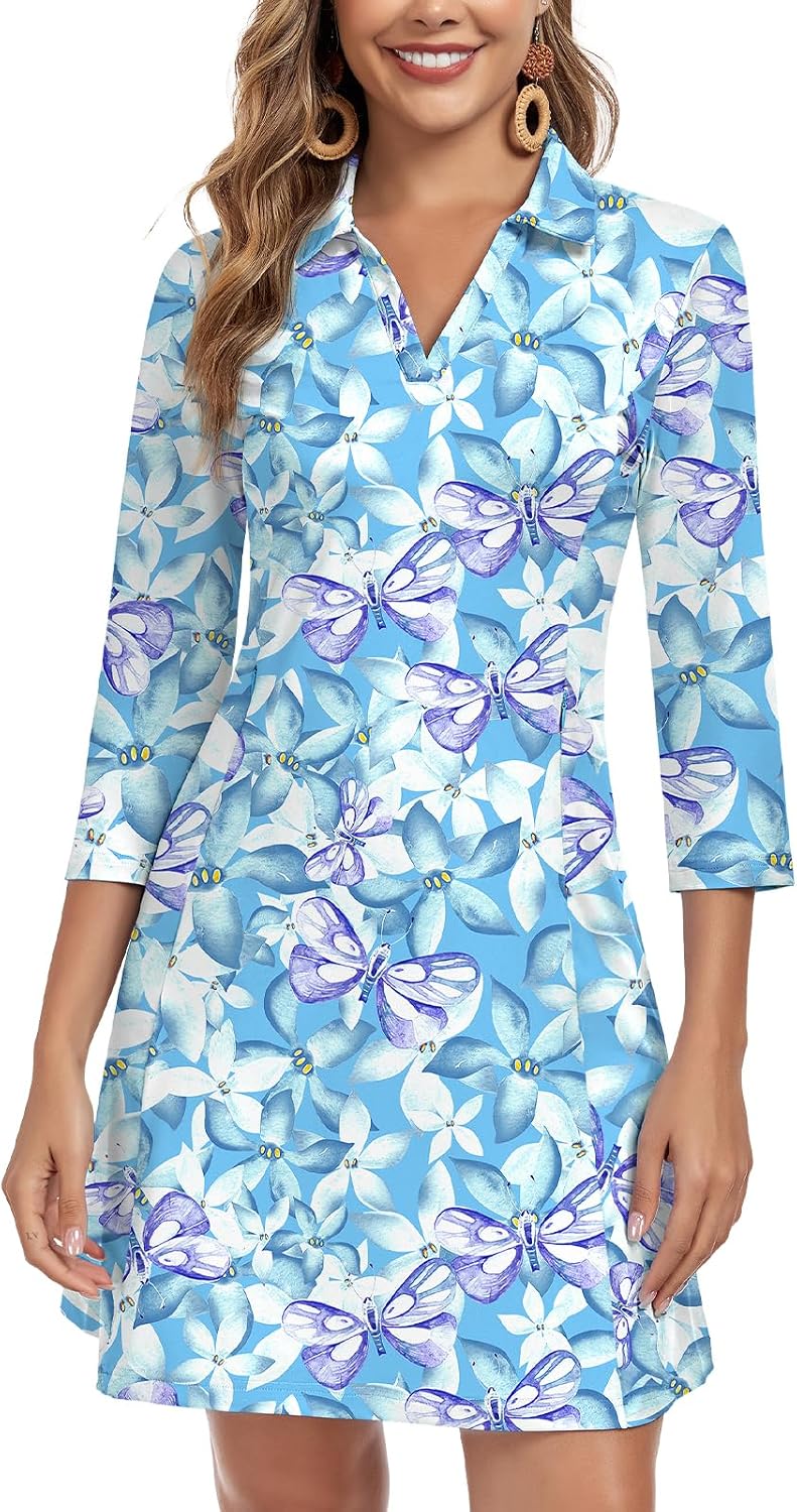 WOWENY 3\/4 Sleeve Dress for Women with Pockets V Neck UPF 50+ Casual Sun Dress Breathable Quick Dry Beach Vacation