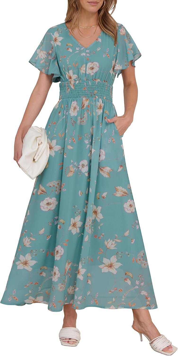 ANRABESS Womens Summer Floral Maxi Dress Casual V Neck Short Sleeve Chiffon Boho Flowy Beach 2026 Wedding Guest Long Dresses