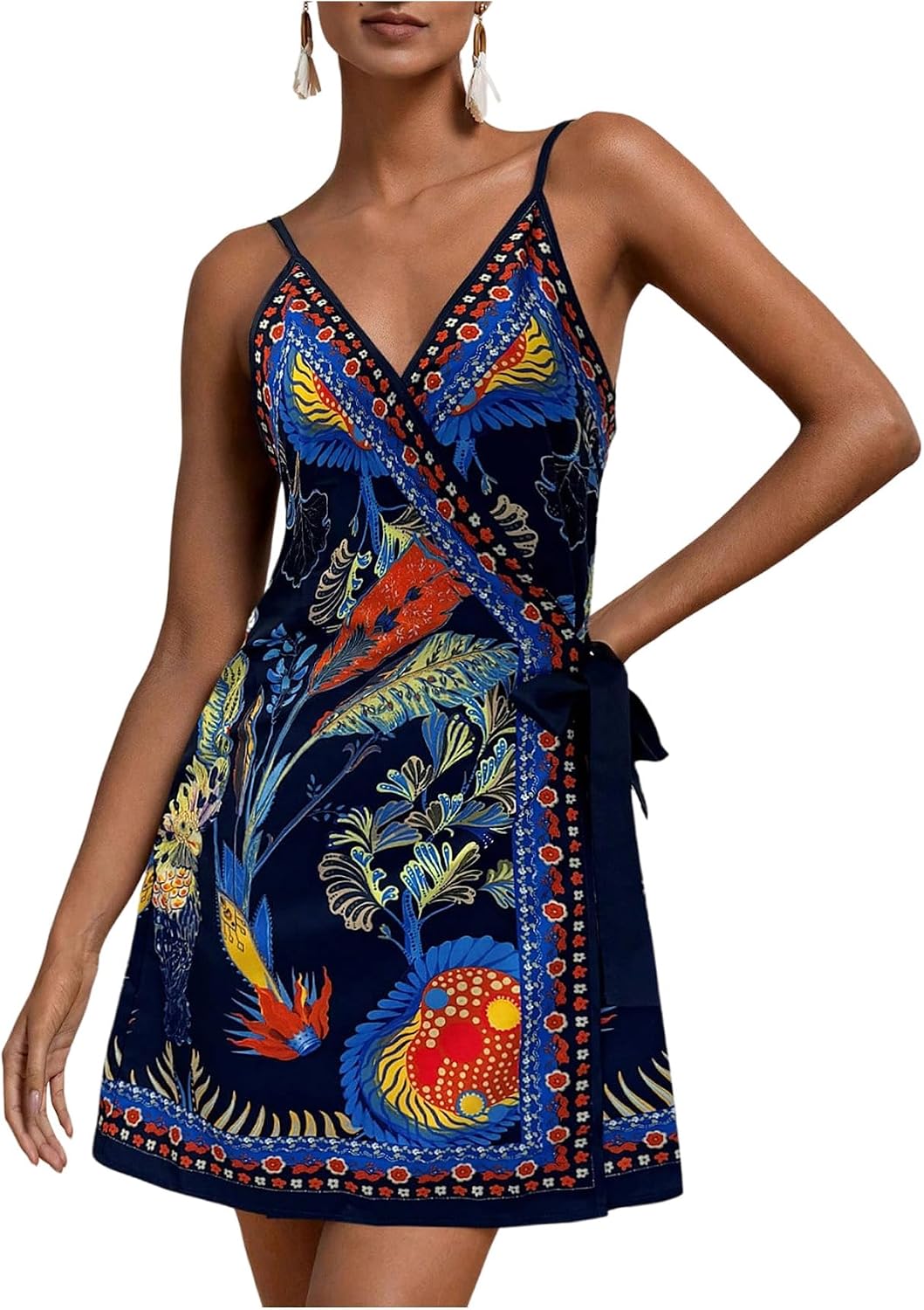 RoseSeek Women's Tropical Print Wrap Dress Sleeveless Vacation Dresses | Short Summer Dresses, Beach Vacation Outfits, Tropical Print Cami Dress, V Neck Dress