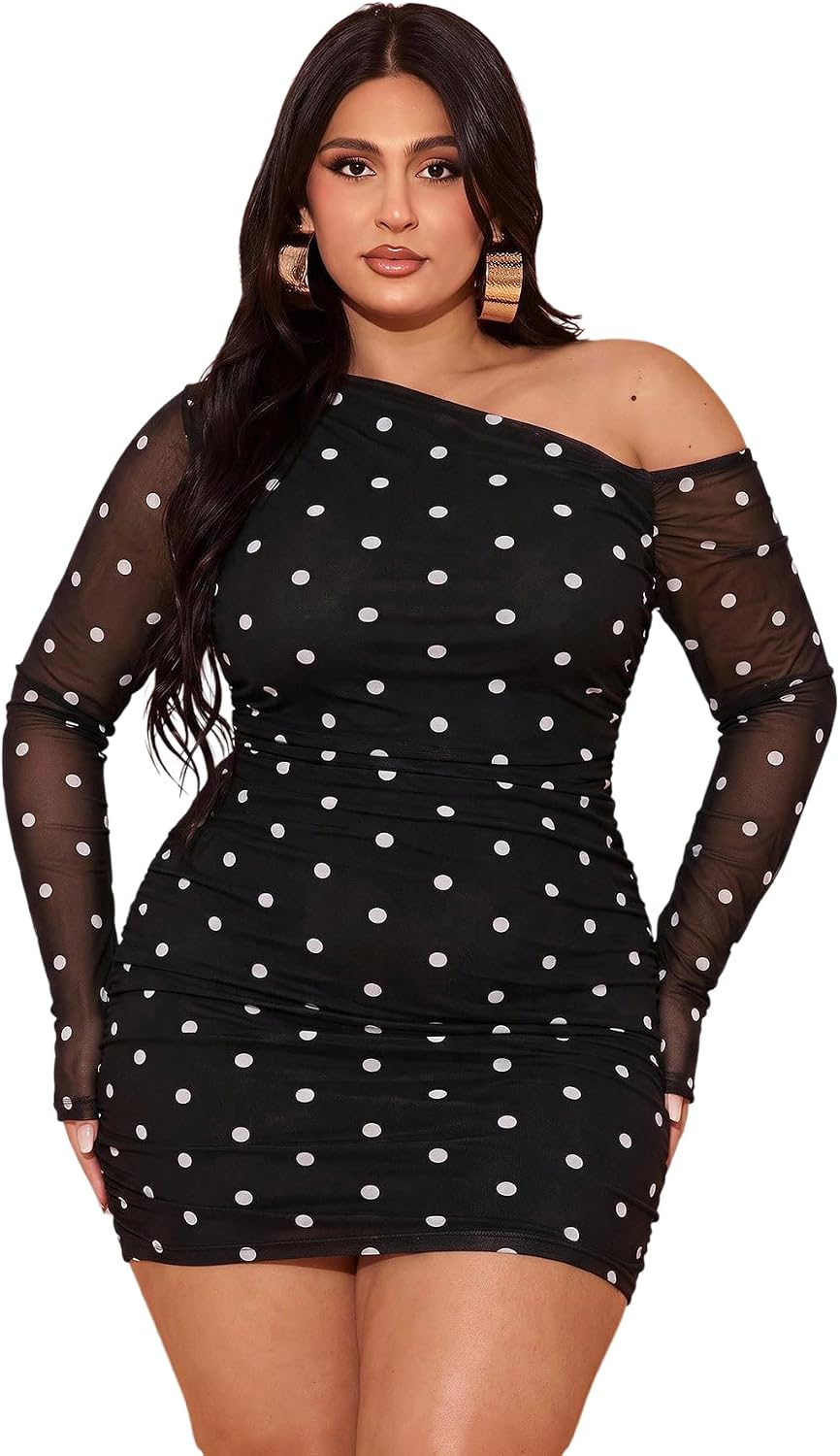 Floerns Women's Plus Size Off The Shoulder Mesh Long Sleeve Mini Dresses | Off The Shoulder, Sheer Mesh, Bodycon, Club, Going Out Dresses, Birthday Party Fall Outfits